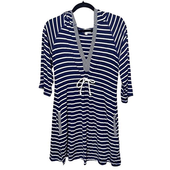 Mandarin Blue Dress XL Nautical Sailor Navy stripe Resort Stretch Pockets hooded - Picture 1 of 7